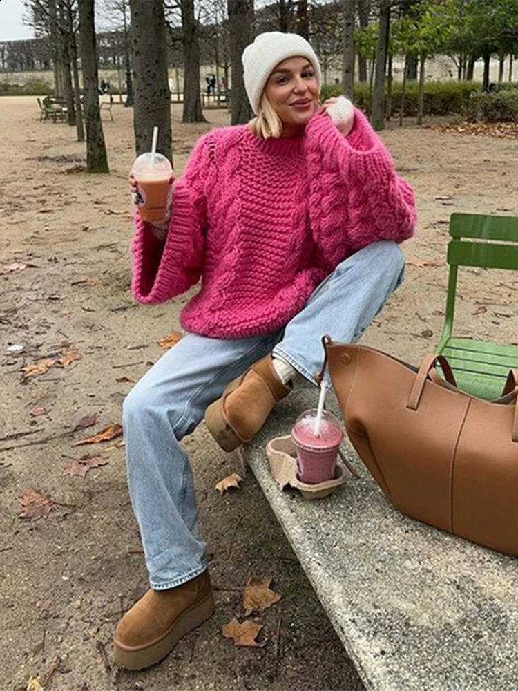 Oversized Knitted Floral Womens Casual Lazy Round Neck Twisted Solid Sweater Autumn Winter Loose Sleeve Women 240905