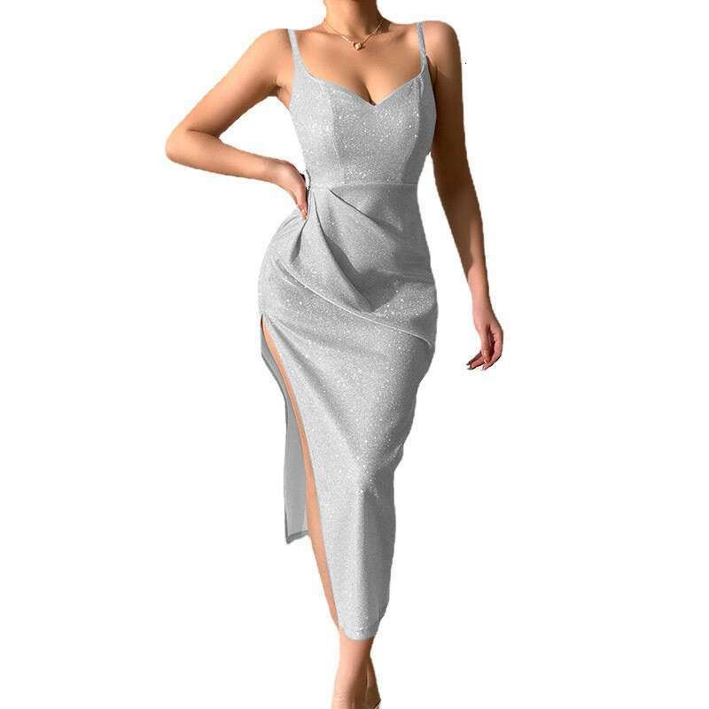 2023 Spring New Sparkling Pink Sexy Deep V Strap Split Style Long Dress Women