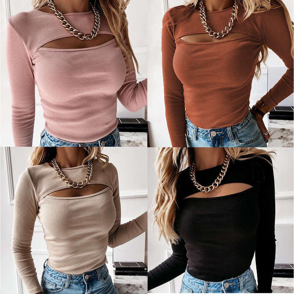 2024 sexy hollow out long sleeved ribbed top for women, fashionable and sexy, showing off the chest