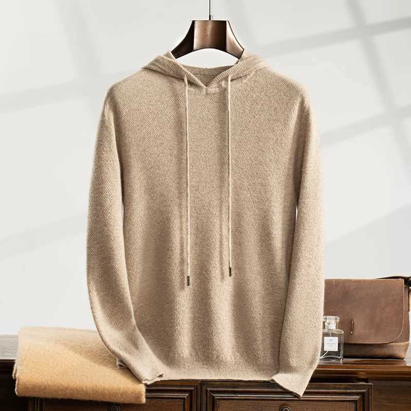 100% Cashmere Sweater Mens Hooded Knitted Pullover Autumn Winter New Style Long Sleeved Sweater Casual Sports Hoodie Menswear Y240906