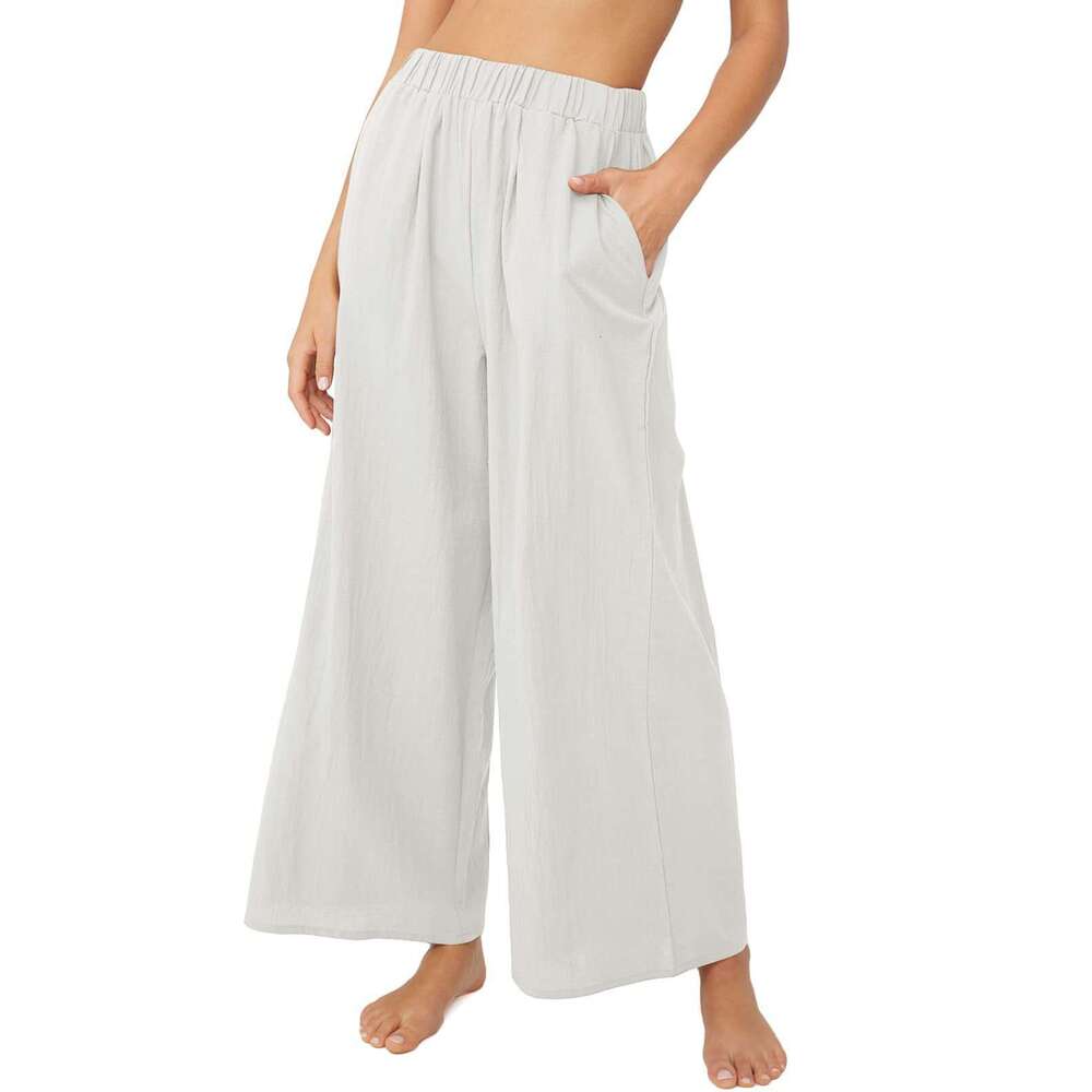2024 Spring/Summer New Cotton and Hemp Women's Solid Color High Waist Loose Relaxed Wide Leg Pants