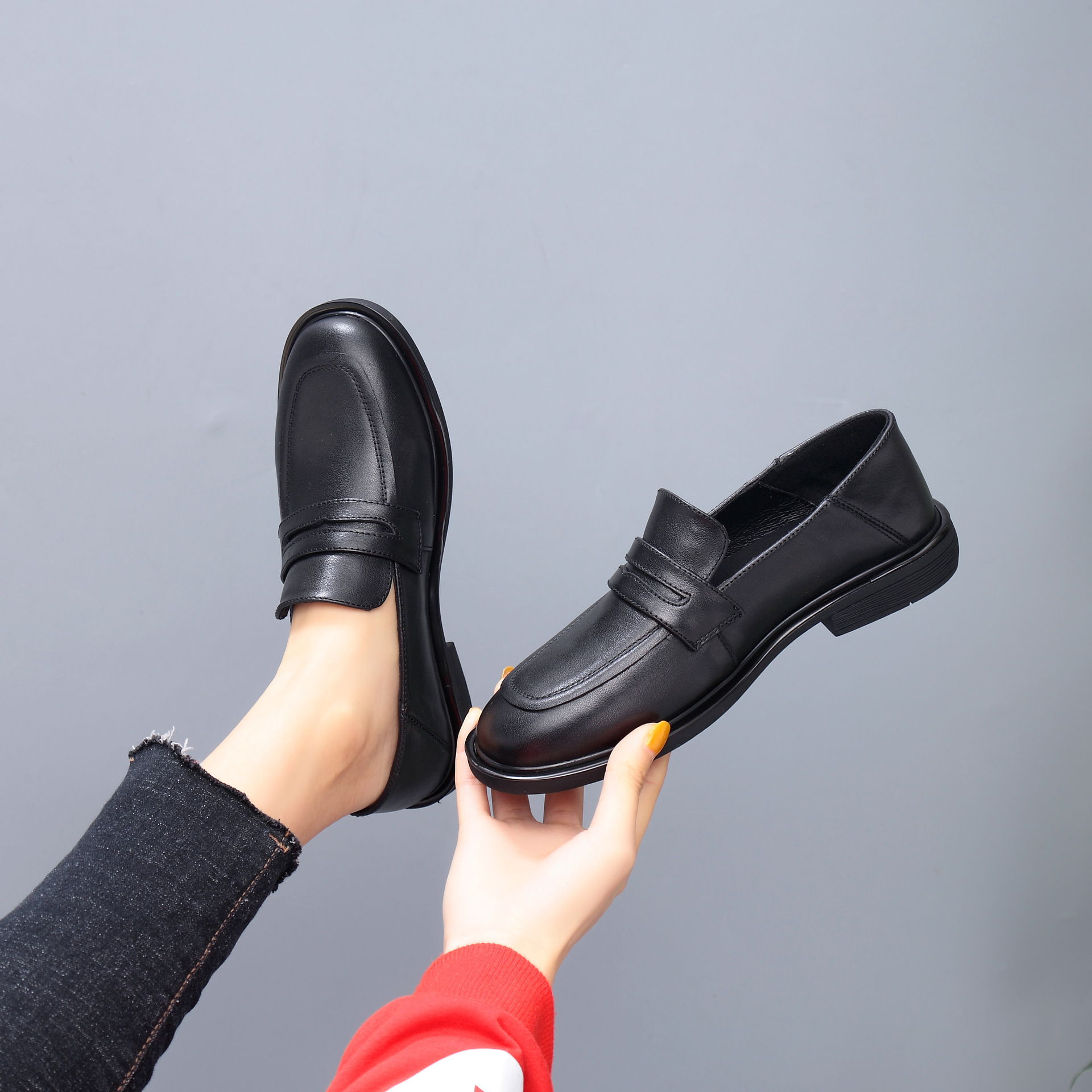 Genuine leather small leather shoes female 2024 new four seasons single shoes versatile square head thick with