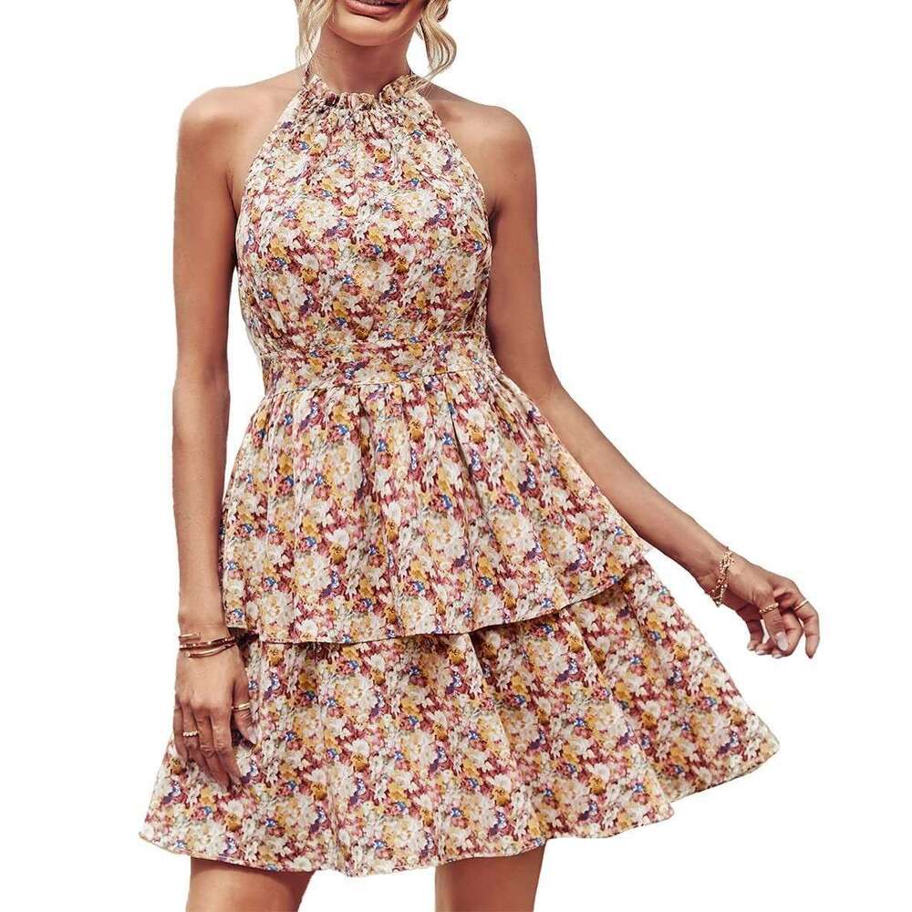Summer New Hanging Neck Open Back Printed Sleeveless Dress for Women