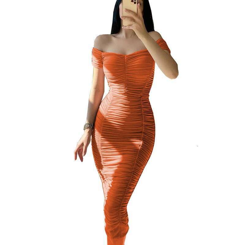 New style solid color long with elegant temperament, summer women's one shoulder pleated dress