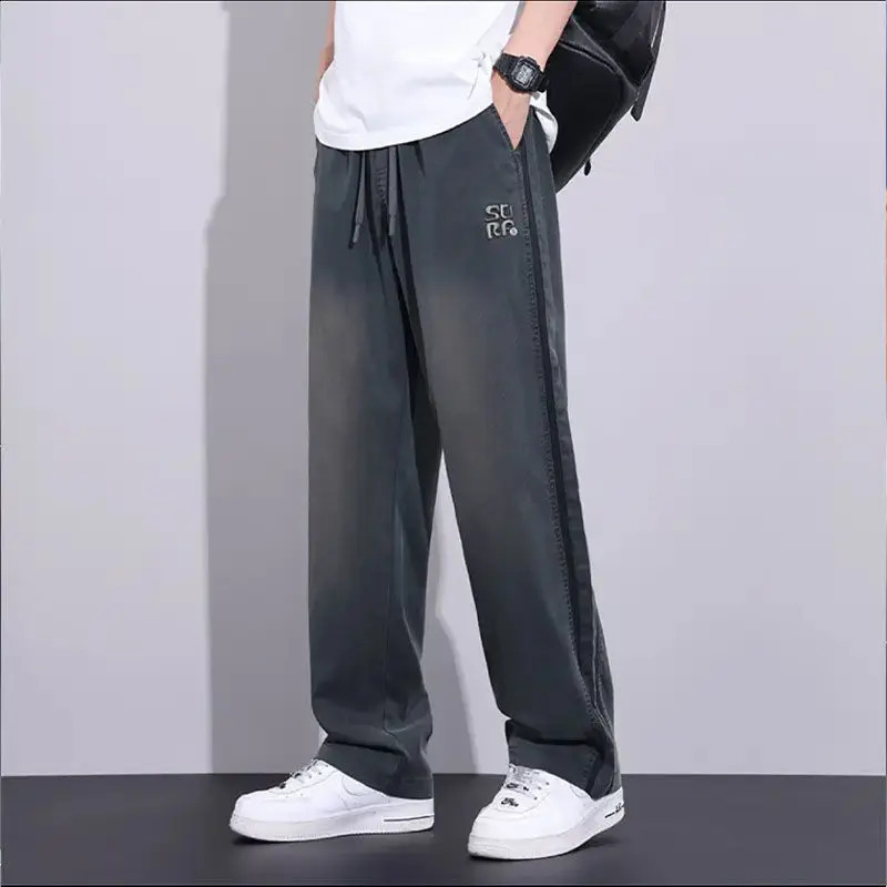 American retro high street straight jeans mens elastic waist drawstring splicing work stripe pocket fashionable casual wide leg pants 240905