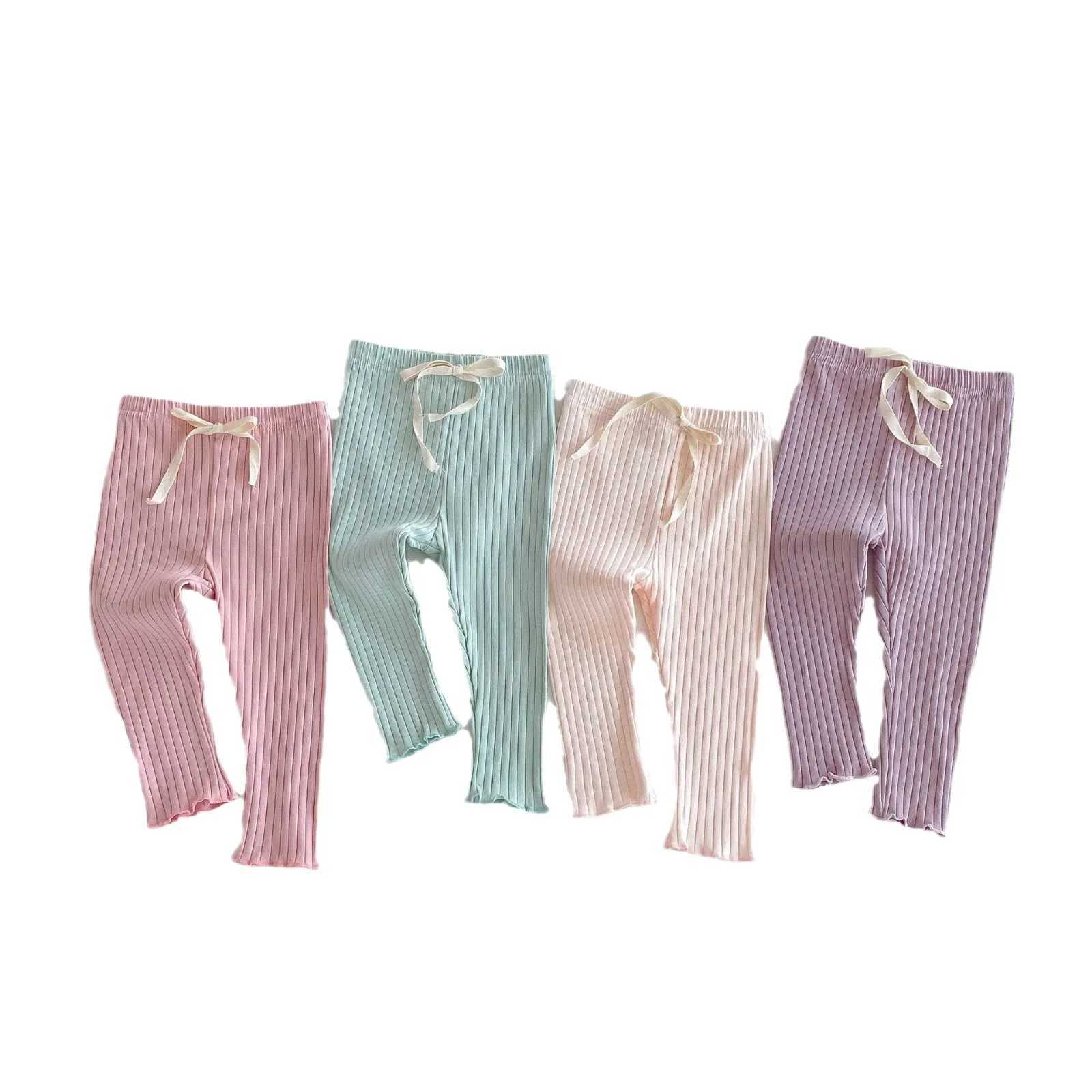 Autumn New Girls Cute Bow Leggings Cotton Children Solid Ribbed Tights Toddler Versatile Stretch Pants Kids Casual Trousers Y240906