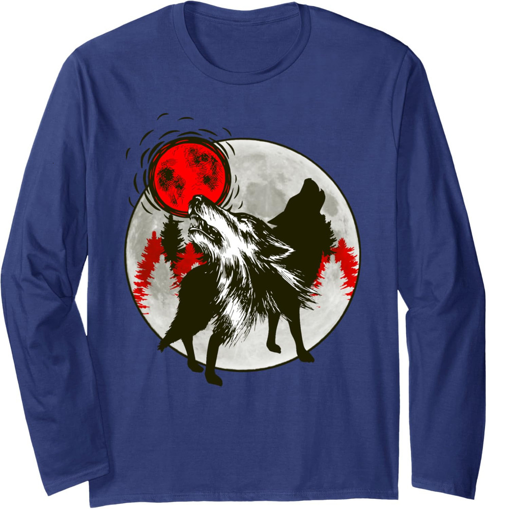 Long Sleeve Shirts for Men sweatshirt Wolves Howling At Red Moon Silhouette Wildlife Gift Long Sleeve Tee Streetwear Casual tops clothes