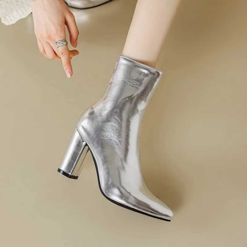 Autumn and Winter New Fashion High Heels Womens Boots Gold Silver Sexy Party Square High Heels Womens Boots Size 34-46 CL240906