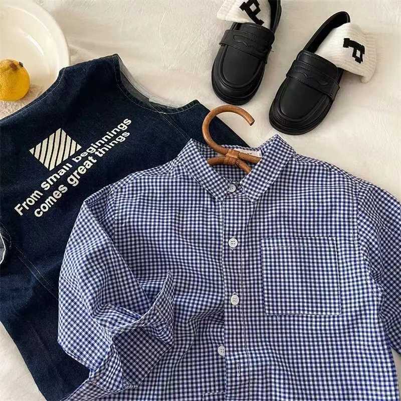 Childrens Shirt 2024 Autumn New Boys and Girls Fine Pocket Shirt Baby Simple Blue Check Shirt 90-140cm Y240906