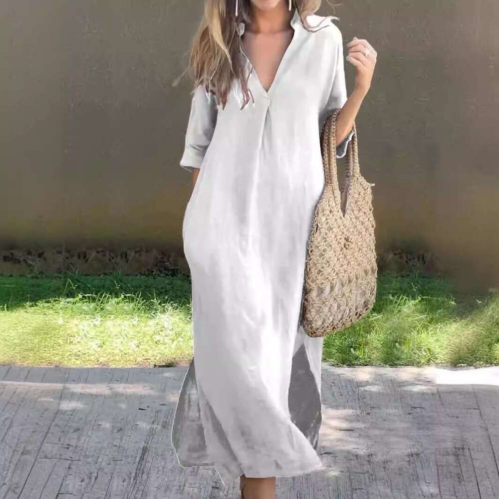 2024 Women's Summer Side slit Pocket V-neck 7-inch Sleeve Chest Crimson Dress