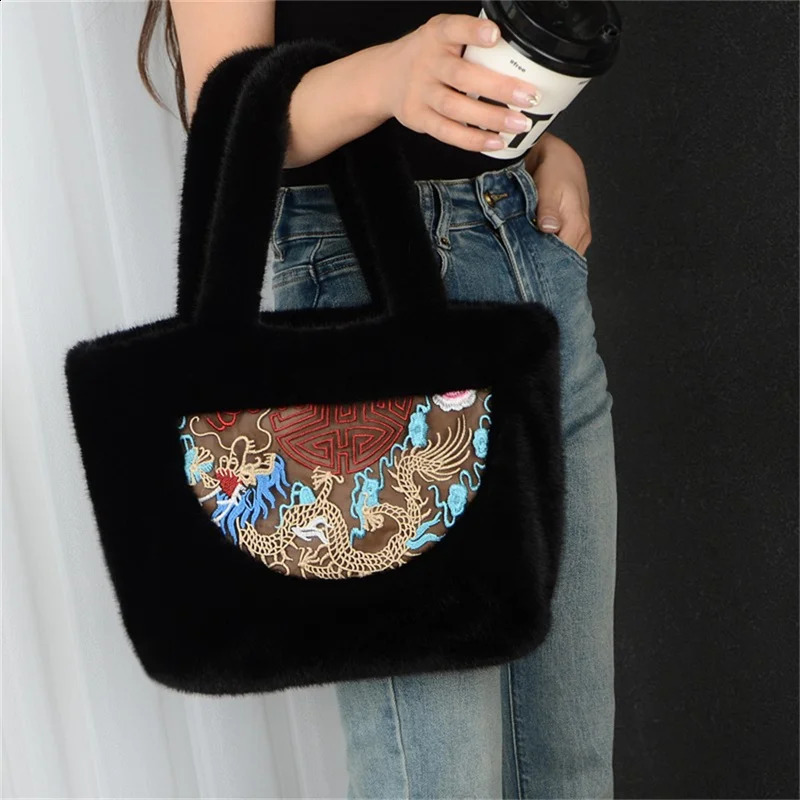 Winter womens faux fur handbag plush retro large capacity single shoulder ner embroidered black 240906