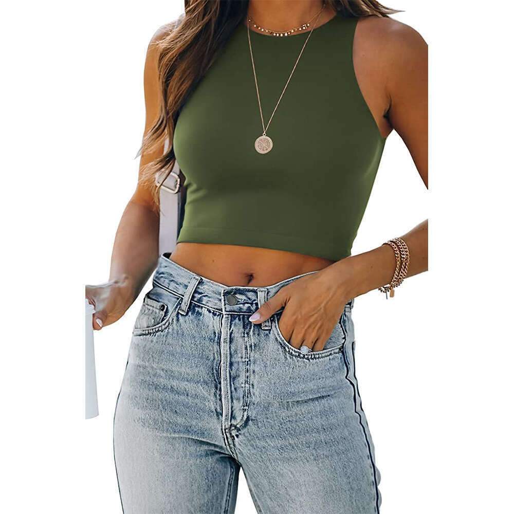 2024 Summer New Sleeveless Round Neck I-shaped Short Solid Color Tank Top T-shirt for Women
