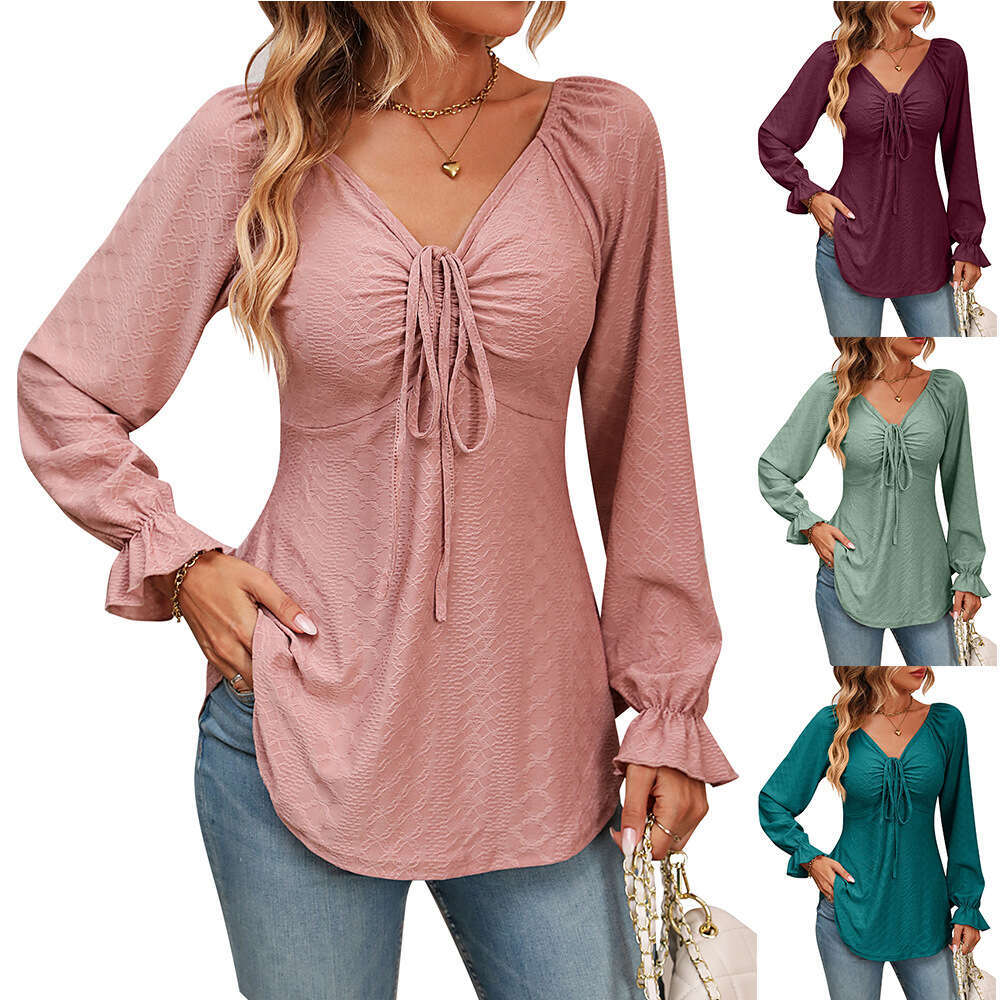 2024 Autumn New Womens V-neck drawstring waist sexy long sleeved solid color T-shirt