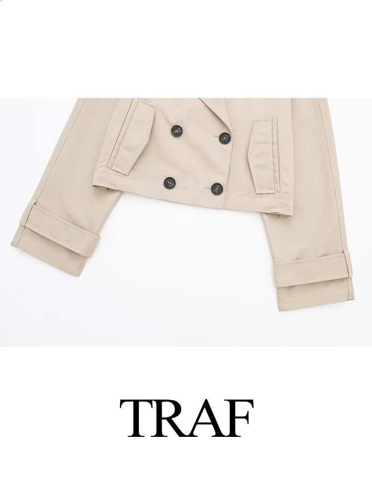 TRAF Womens Retro Windproof Jacket Solid Color Double Chest Spring Casual Short Sweet Trench 240902