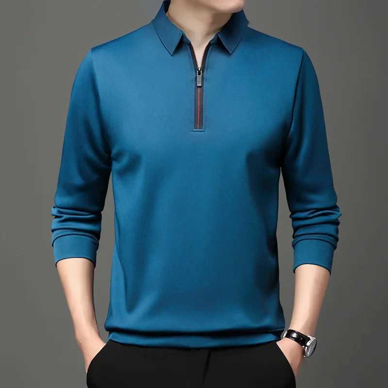 2023 New Solid Polo Shirt Lapel Long-sleeved Polo Zipper Collar Fashion Spring/Autumn Thin Shirts Casual Loose Tops Men ClothingXJ240906