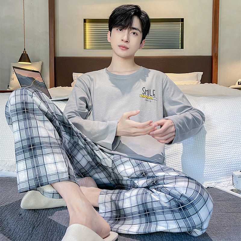 Plaid Men Pajamas Set Casual Male Sleepwear Autumn Winter Long Sleeves Long Pants Soft Pyajmas Boys Pijamas Blue Cozy Cotton Pjs Y240906