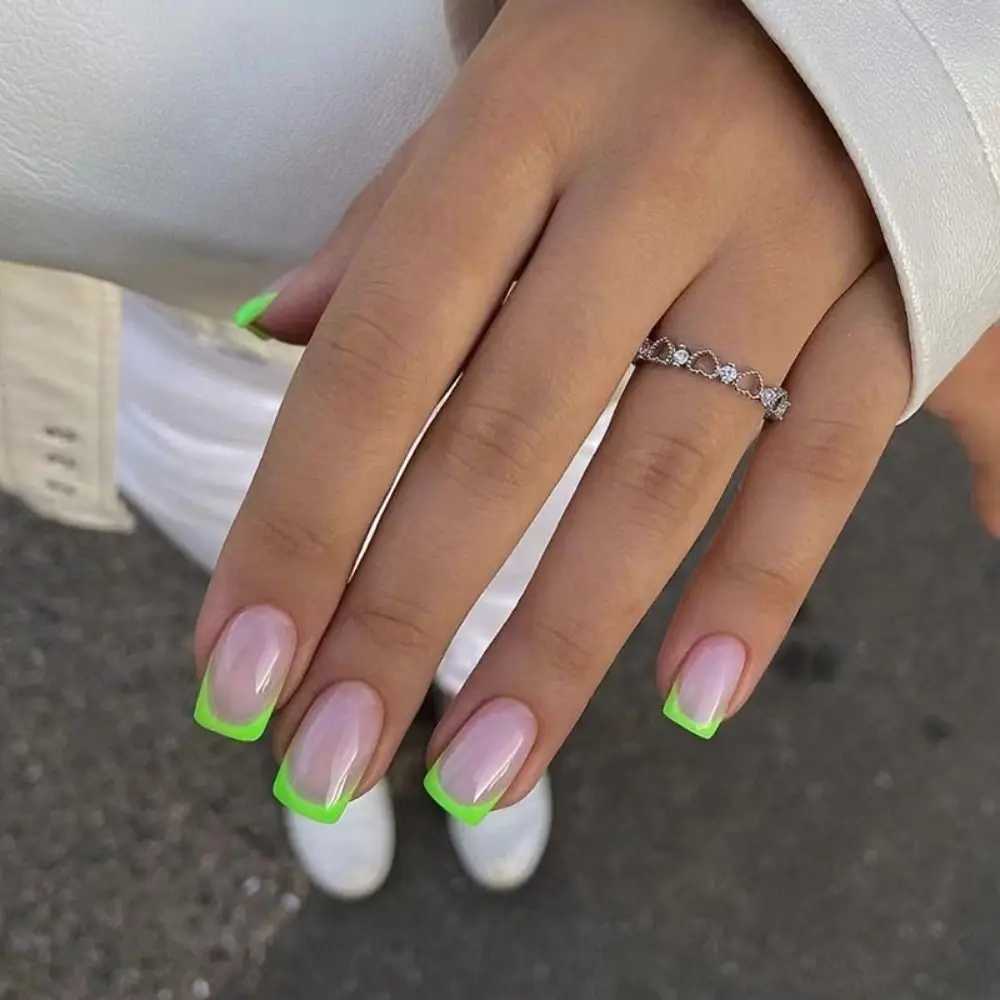 Rectangular False Nail French Green Yellow Edge False Neil Full Cover Detachable Pressing Female Nail W240905
