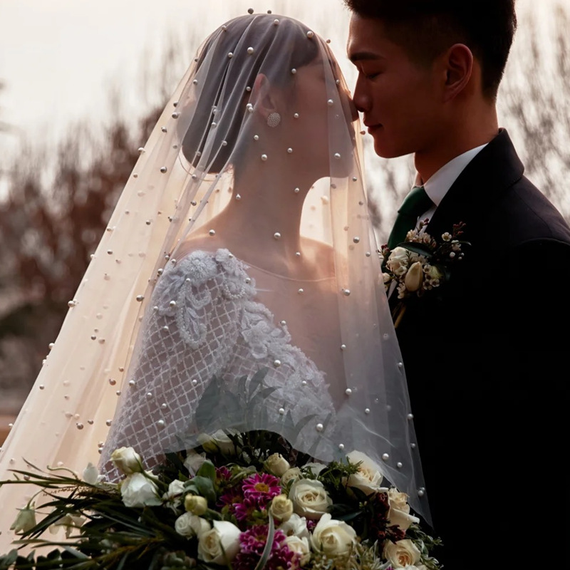 Pearls Wedding Veil Luxury One Layer Long Cathedral Length Veils Bead Edge Velo De Cabeza For Bride Voile Castle Custom Made