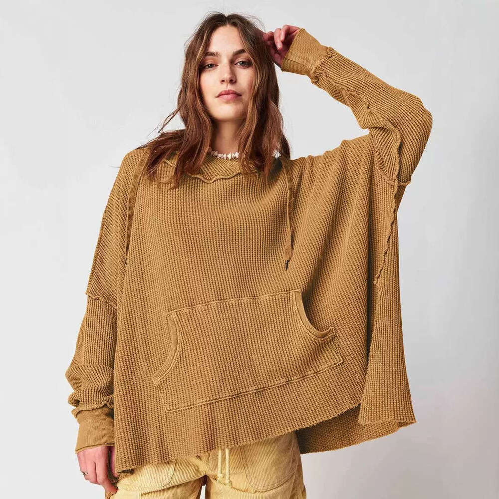 2024 Autumn Women's Loose Trendy Brand Solid Color Hoodie Waffle Long Sleeve Coat