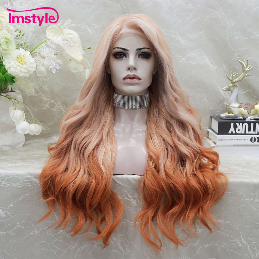 Imstyle Synthetic Front Ombre Orange For Women Wavy Long Lace Wig Heat Resistant Fiber Cosplay Wigs