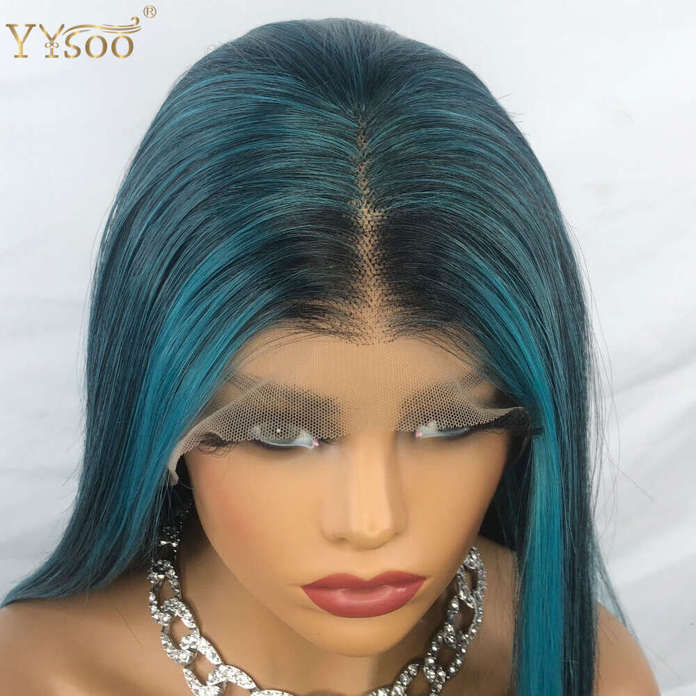 Yysoo Long Blue Mixed Color Futura Synthetic 13X4 Lace Front Wig Pre Plucked Highlights Glueless Silky Straight Wigs For Women