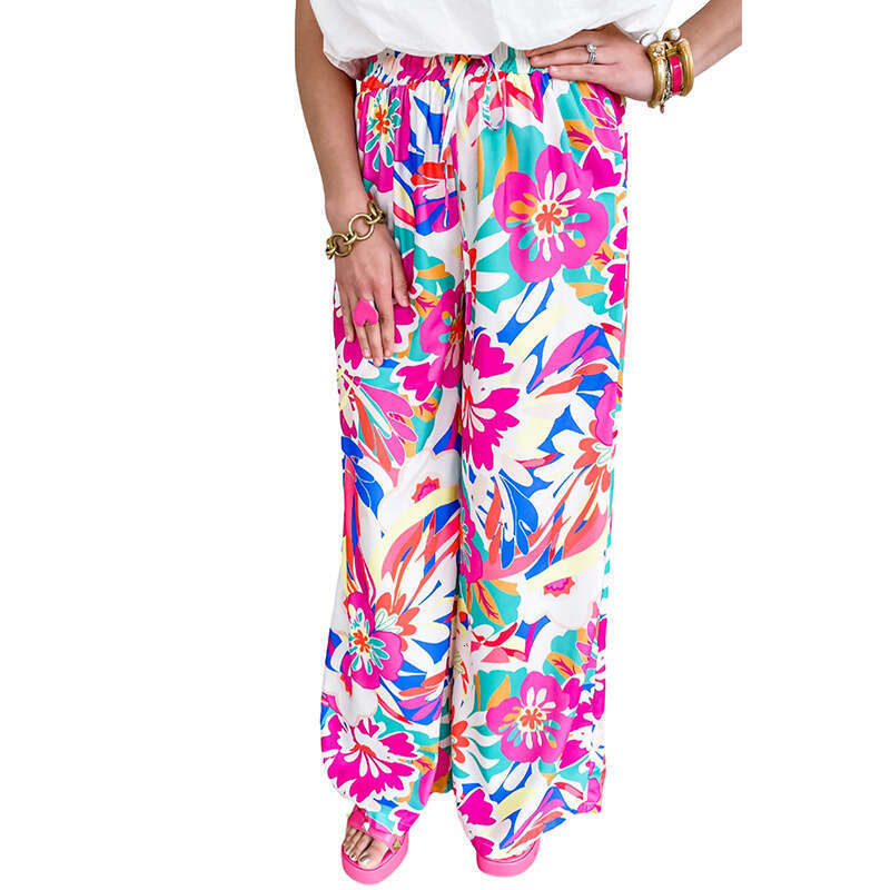 2024 Spring and Autumn New Flower Printed Wide Women, Casual Loose, Meat Covering Straight Leg Pants for Women