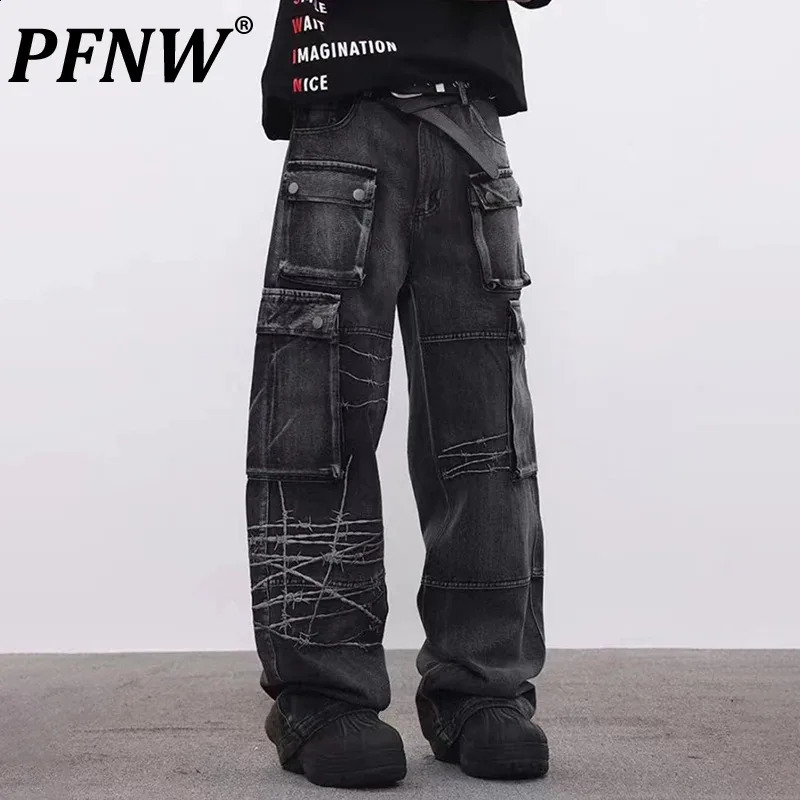 PFNW American Style Embroidery Jeans Mens High Street Cargo Pants Loose Wide Leg Denim Trousers Autumn Chic Trendy 28W4043 240903