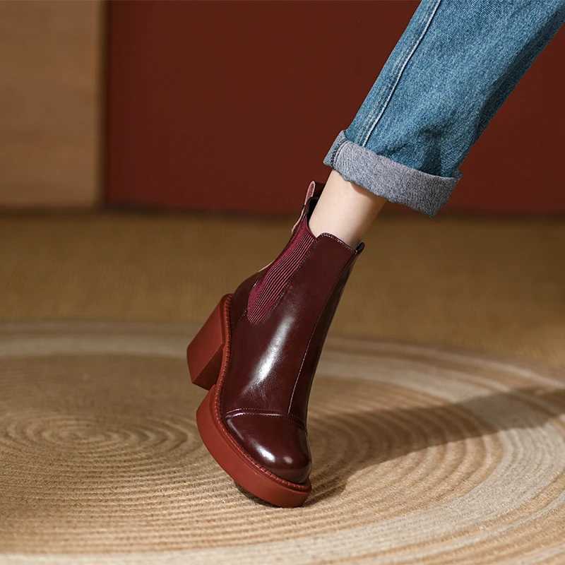 2024 Winter Genuine Leather Ankle Boots Womens Shoes Retro Round Toe Womens Shoes Platform Boots Womens Shoes Thick Boots CL240906