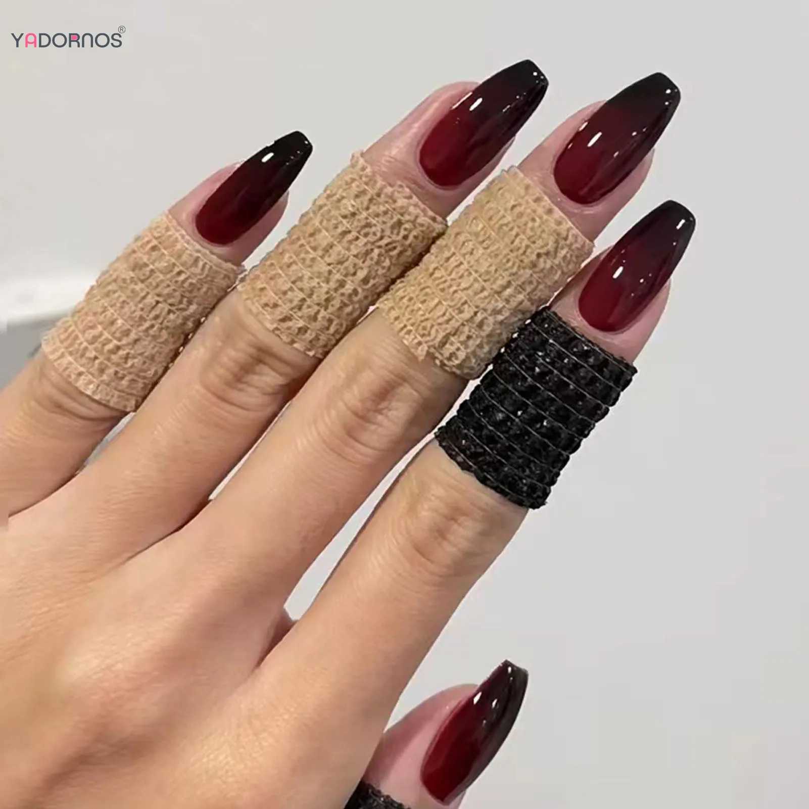 Red and black gradient pressing medium long coffin fake nails with adhesive labels ballet dancer fake nails 24 pieces for women W240905
