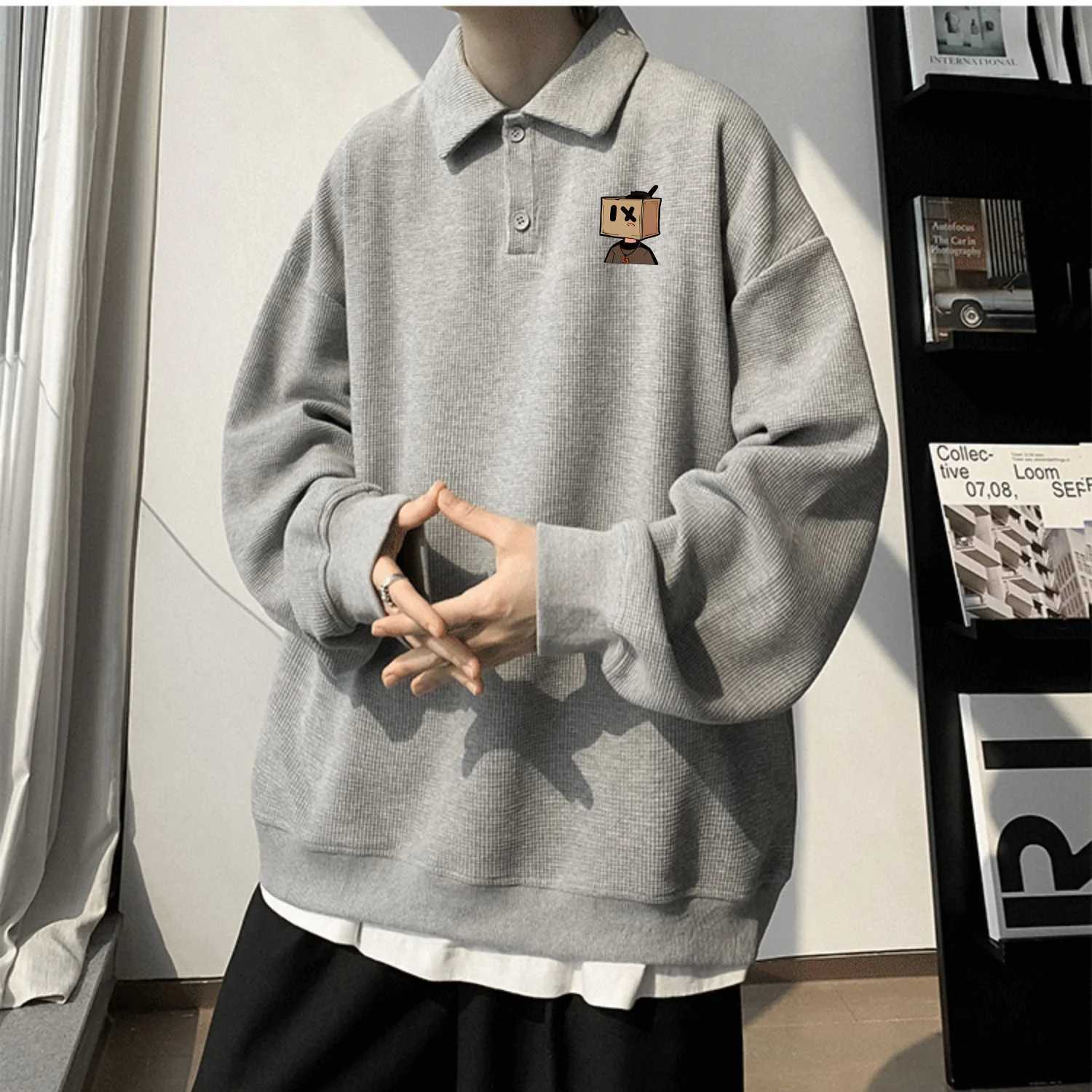 American Retro Pullover Collared Sweatshirt Men Spring Autumn Loose Fitting Ins Trendy Gray Minimalist Long Sleeved Polo ShirtXJ240906
