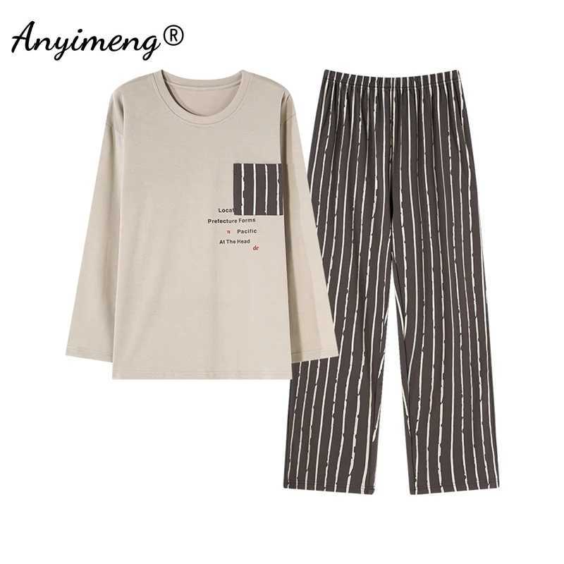 Autumn Winter L-3XL Leisure Men Pajamas Faux Cotton Fashion Round Collar Pajama Sets Long Sleeves Pijamas Gentleman Sleepwear Y240906