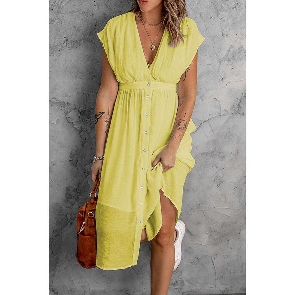 2023 Summer New Double Layer Tulle Solid Color Women's Deep V Short Sleeve Waist Long Dress