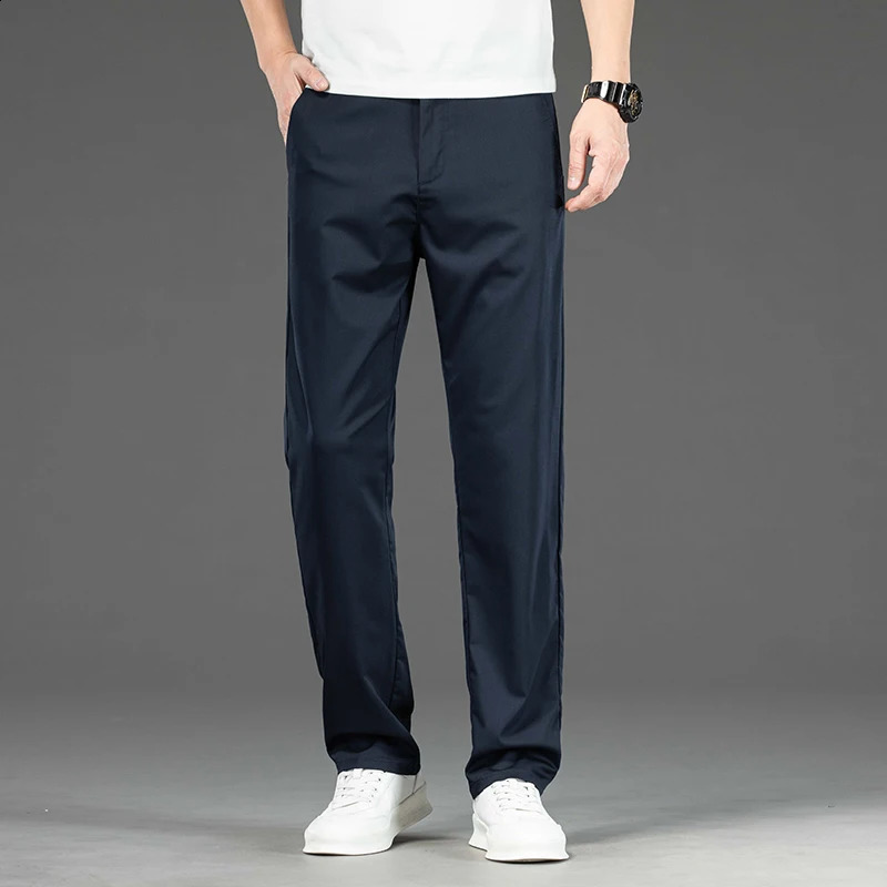 Spring and summer mens casual pants thin mulberry silk soft business slim fit straight elastic set 240905