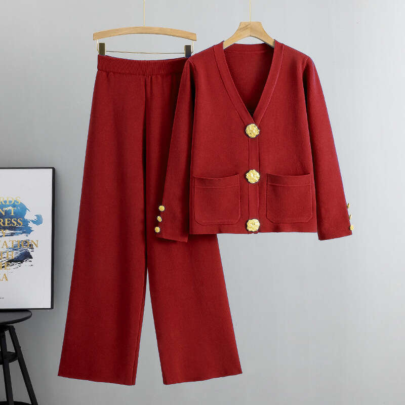 Knitted sweater two-piece for womens autumn and winter 2024 new loose casual wide leg pants set with internet celebrity temperament