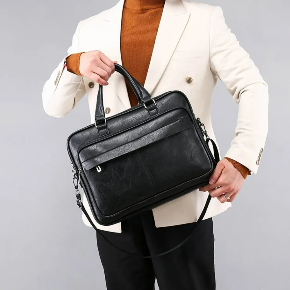 Mens business bag large capacity Pu leather y briefcase handbag Bolsas black waterproof shoulder cross body 240906