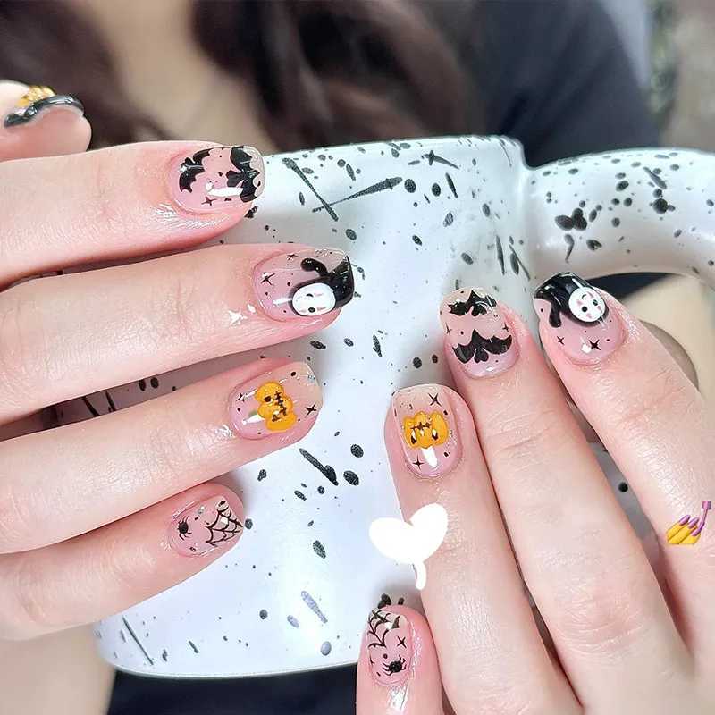 Halloween fake nail acrylic pressed nail almond shaped fully covered jelly glue nail cute ghost nail sticker W240905