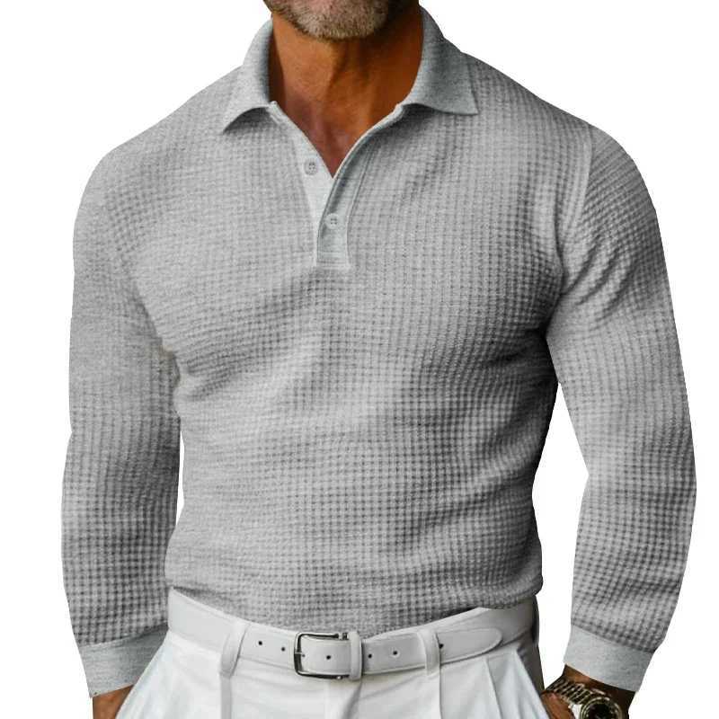 2024 New Business Casual Mens Polo Shirt Waffle Fabric Lapel Button Solid Color Long Sleeve Daily Simple Mens ClothingXJ240906