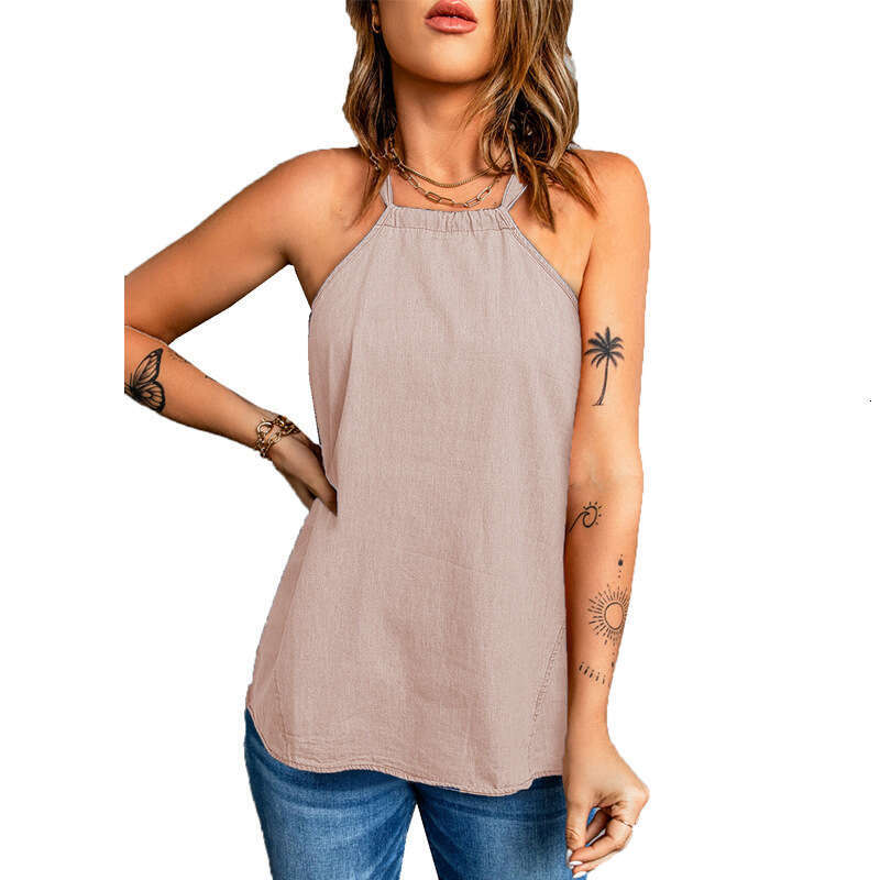 2024 Summer Casual Strap New Solid Color Hanging Neck Loose Bottom Women's Small Tank Top