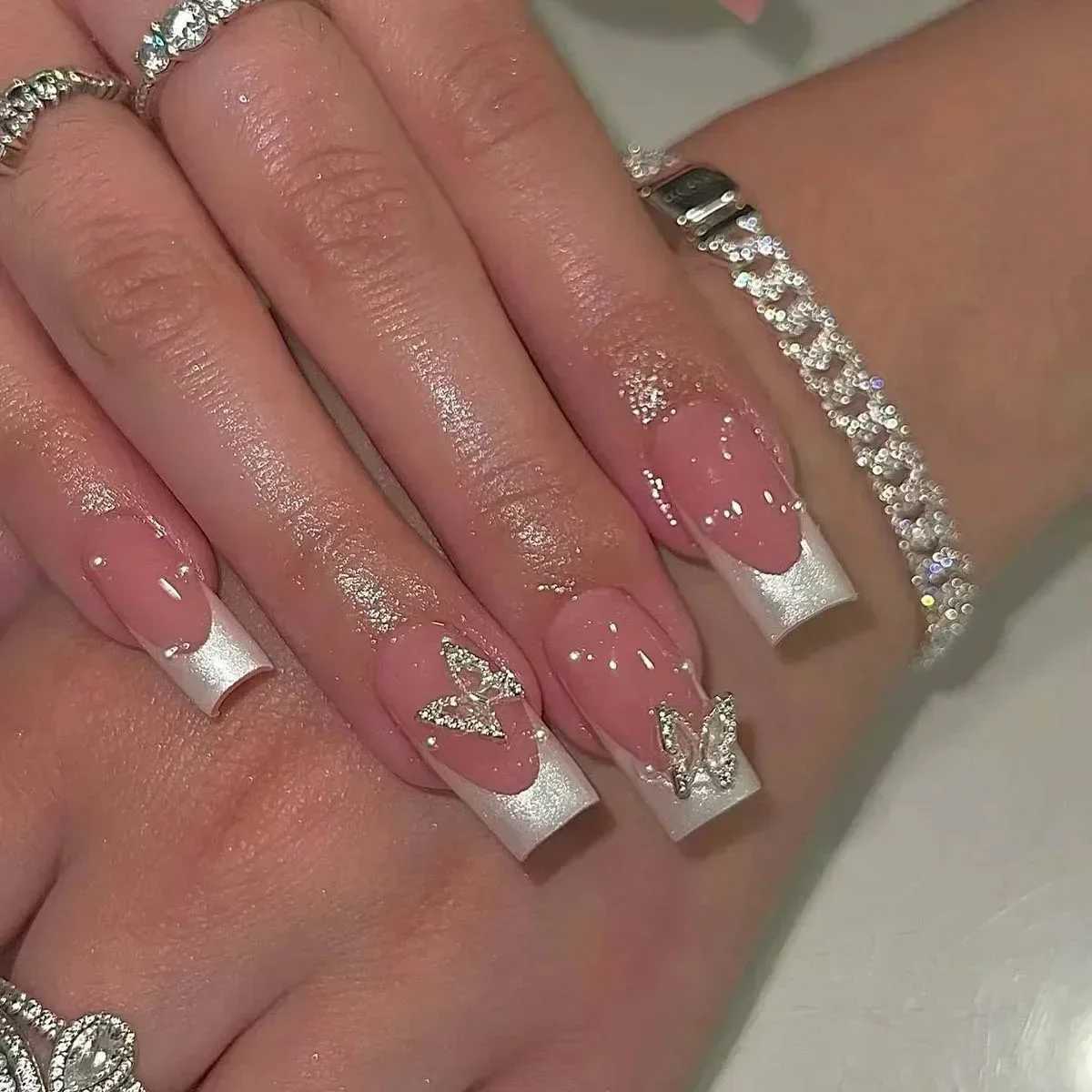 24 pieces of fake nails with adhesive butterfly design long coffin French ballet dancer fake nails complete set of acrylic nails pointed press nails W