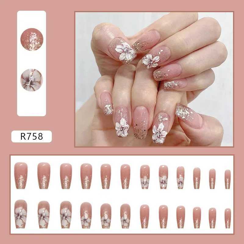 Heallor Vintage Camellia Wearable Pink Pressing Fake Nail Tip with Adhesive Fake Nail Design Butterfly Cute Girl Fake Nail W240905