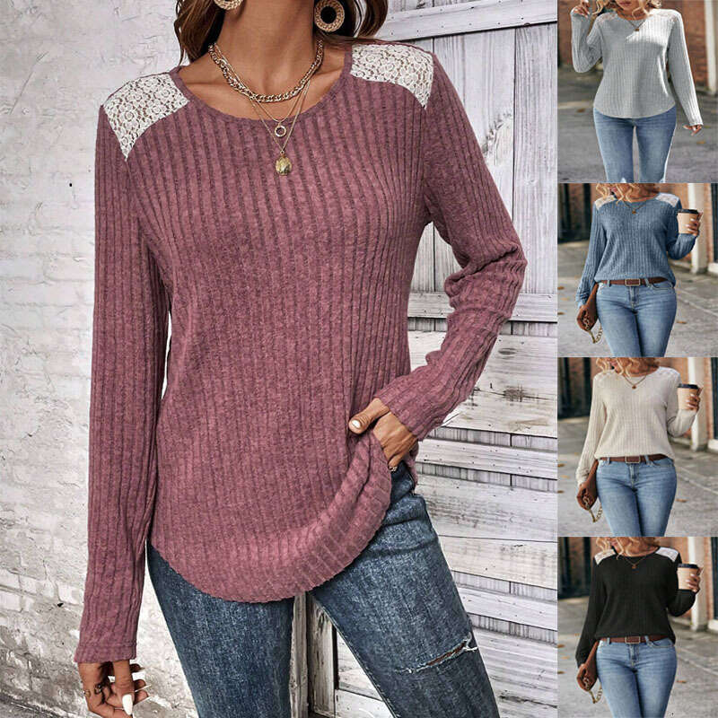 2024 Women's New T-shirt Autumn/Winter Round Neck Pit Striped Brushed Lace Long Sleeve Top for Women