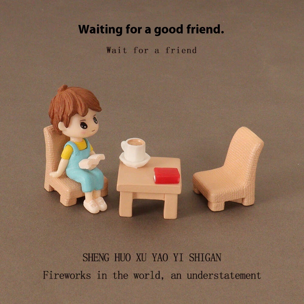 Micro landscape scene leisurely afternoon tea OB11 mini reading boy and girl coffee cup office desktop decoration