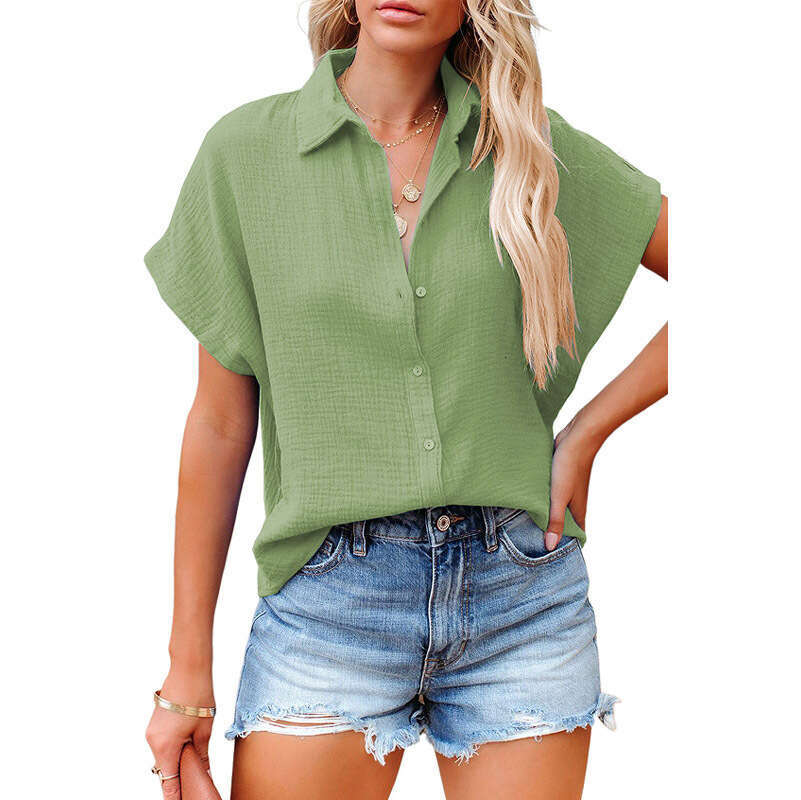 Summer women's V-neck breasted solid color shirt Women's ruffle loose short sleeved T-shirt top Women