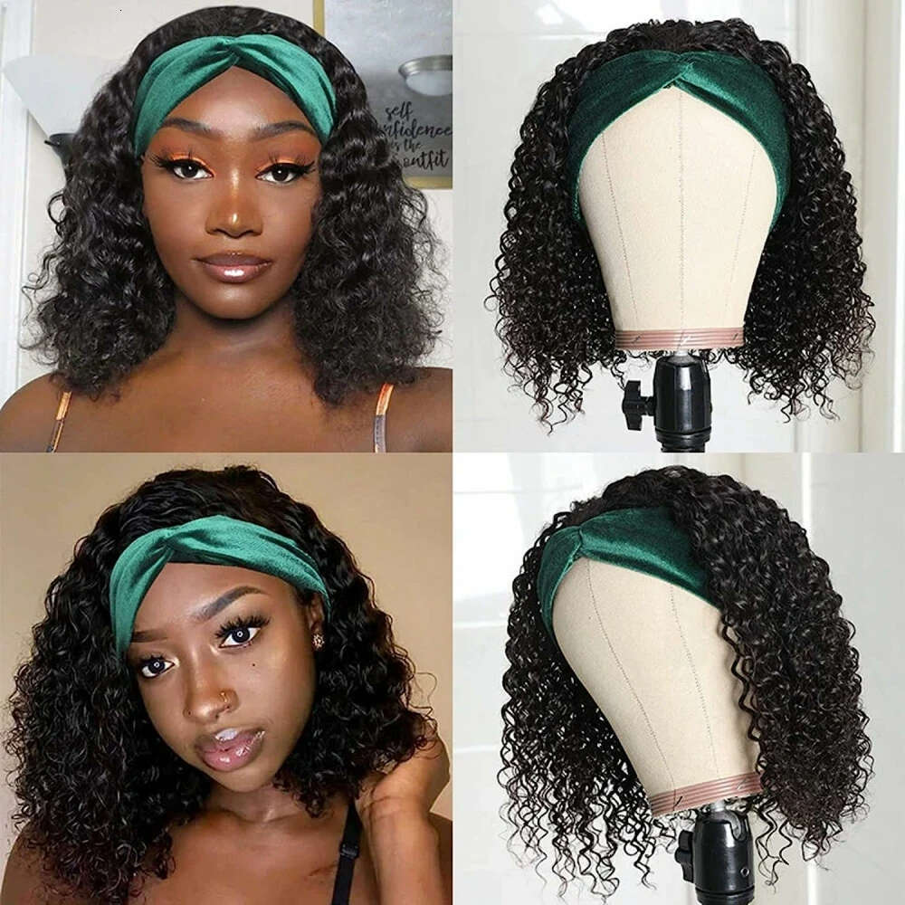 Wave 12 Inch Headband Wigs Hine Made No Glue Deep Curly Human Hair Wig
