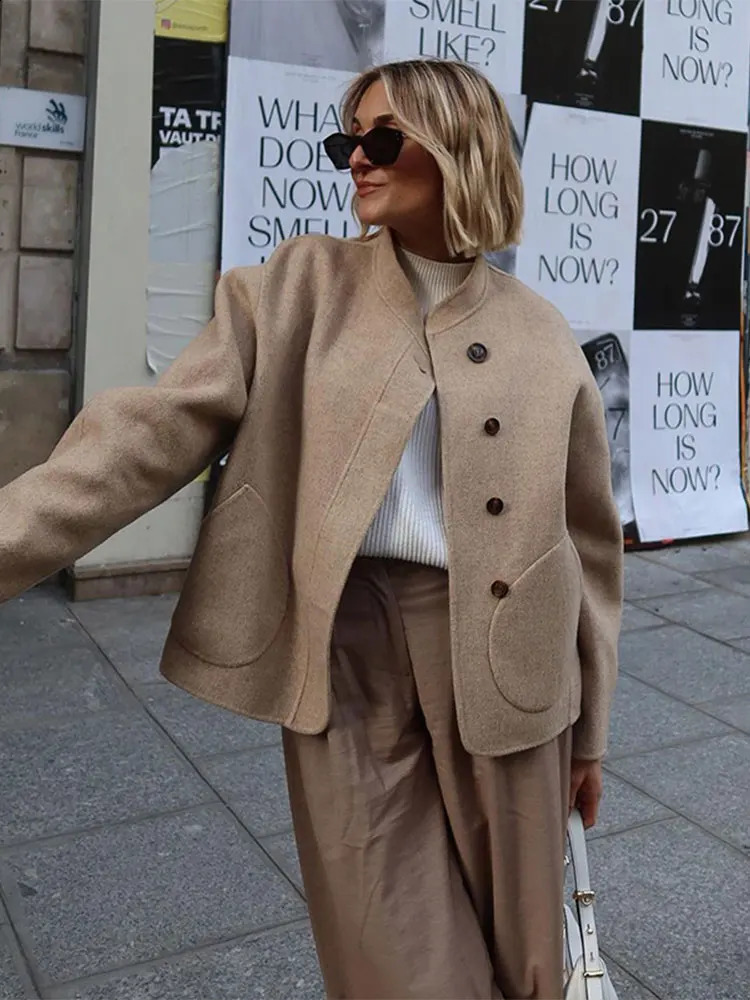Casual Stand Up Collar Single Breasted Womens Woolen Coat Solid Color Pocket Long Sleeved Jacket High Street Ladies Coats 240904