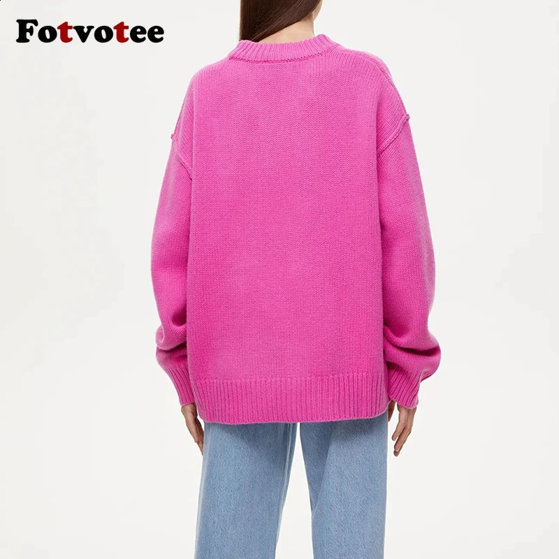FOTVOTEE Womens Knitted ONeck Solid Casual Sweater Autumn Winter Fashion Long Sleeve Elastic Loose Jumper 240905