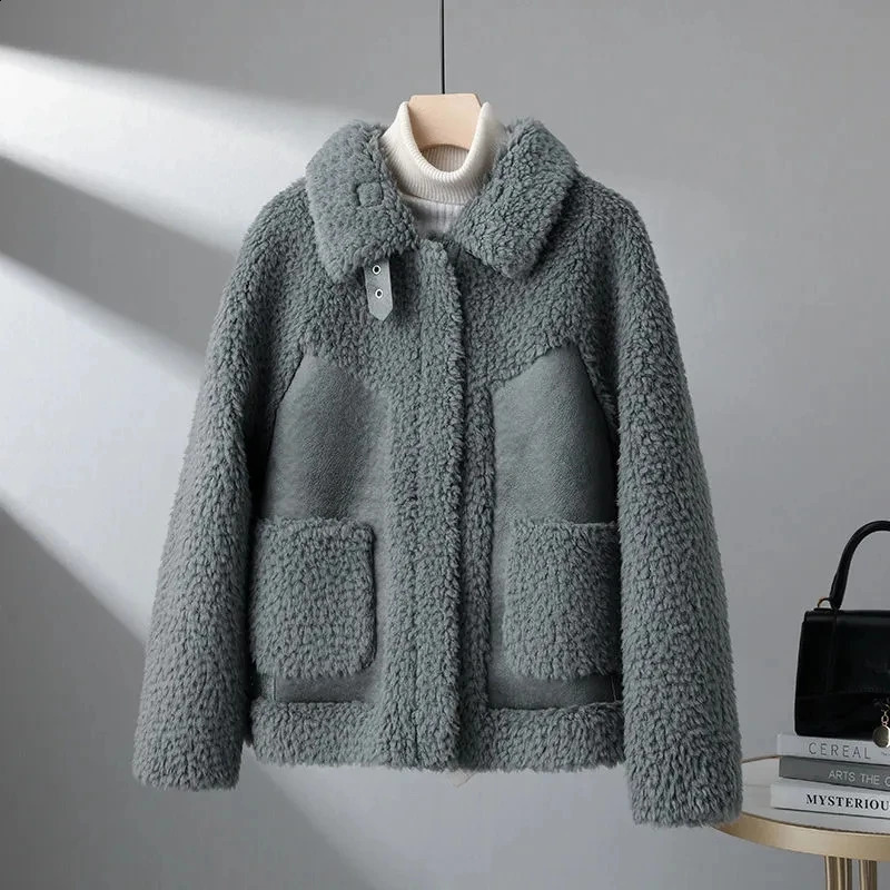 Autumn Winter Cashmere Jacket Womens Fashion Splicing Coat Top Bomber Wool Suede 240905