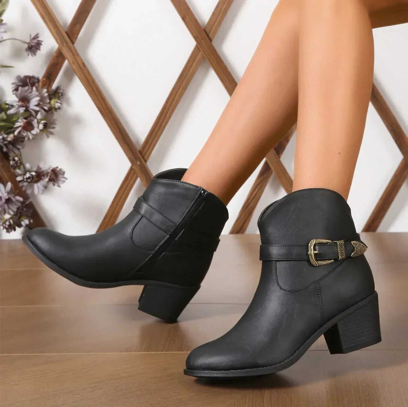 Plus size womens boots autumn womens solid color ankle fashion high heels denim western boots spring womens Pointed Toe boots CL240906