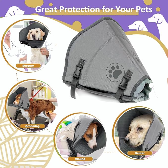 Dog Cone Collar After Surgery, Adjustable Breathable Pet Reecovery Cone for Large Medium Small Size Dog, Wound Care Recovery Collar, Black/gray