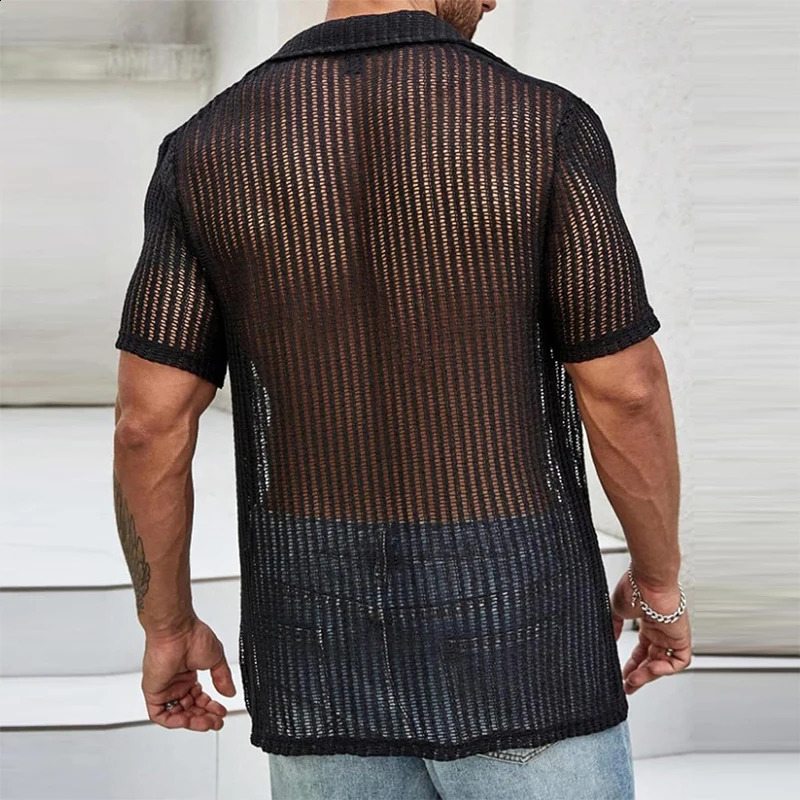Streetwear Fashion Knitwear Mens Shirt Sexy See Through Knit Tops Men Summer Casual Button Lapel Short Sleeve Hollow Out Shirt 240906